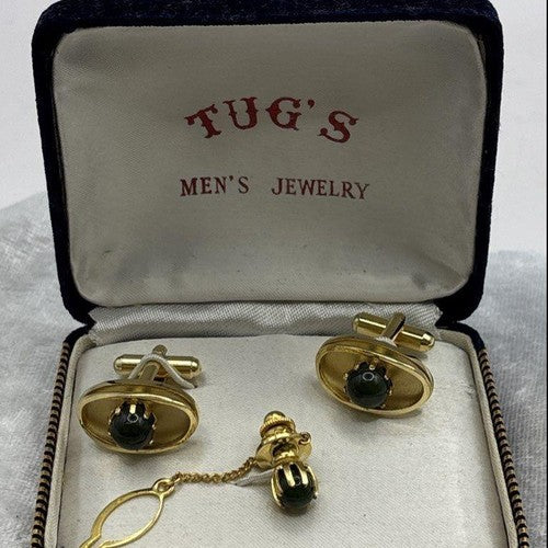 Vintage Tug's Gold Tone Cufflinks and Tie Tack Set Green Cabochon in Box