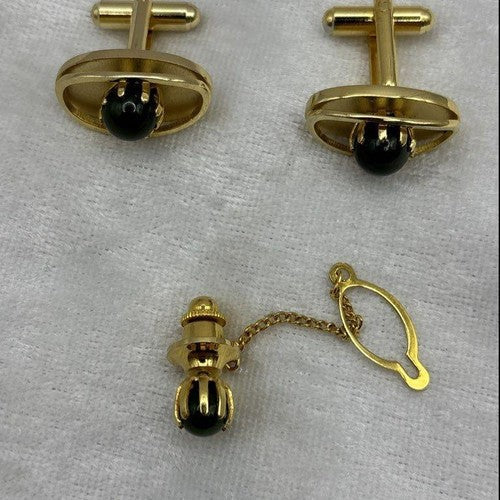 Vintage Tug's Gold Tone Cufflinks and Tie Tack Set Green Cabochon in Box