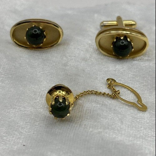Vintage Tug's Gold Tone Cufflinks and Tie Tack Set Green Cabochon in Box