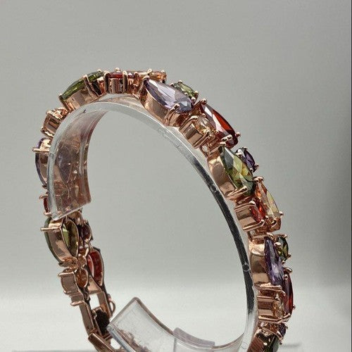 Vintage Rose Gold Plate Multi-Color Faux Gemstone Statement Bracelet 7"