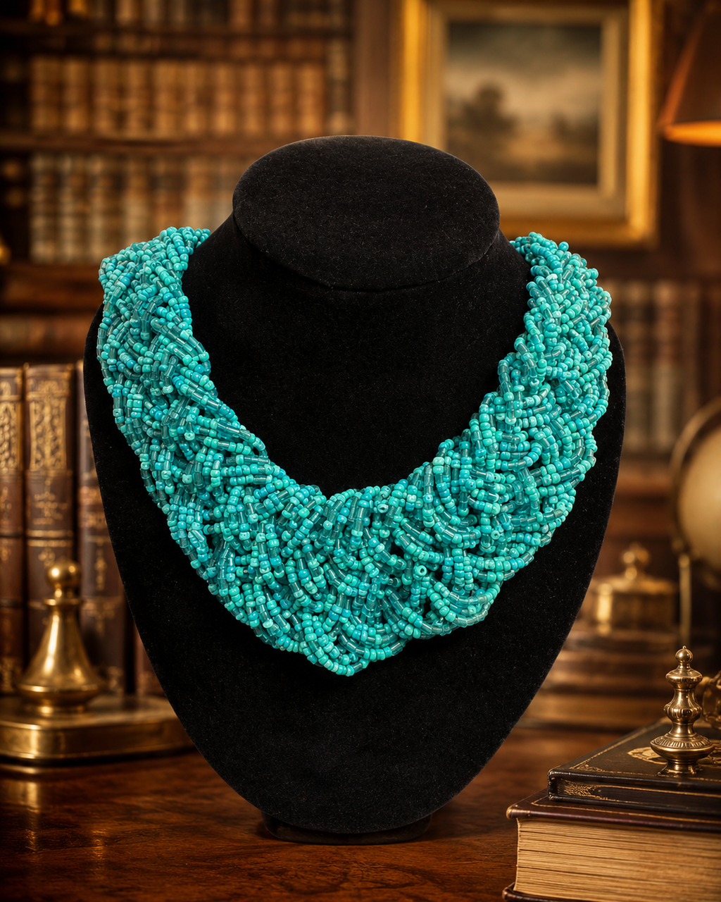 Turquoise Blue Beaded Bib Collar Necklace with Woven Design