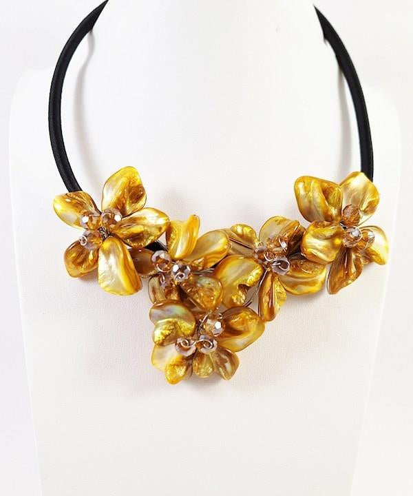 Silvertone Wire-Wrapped Yellow Mother of Pearl Flower Statement Necklace