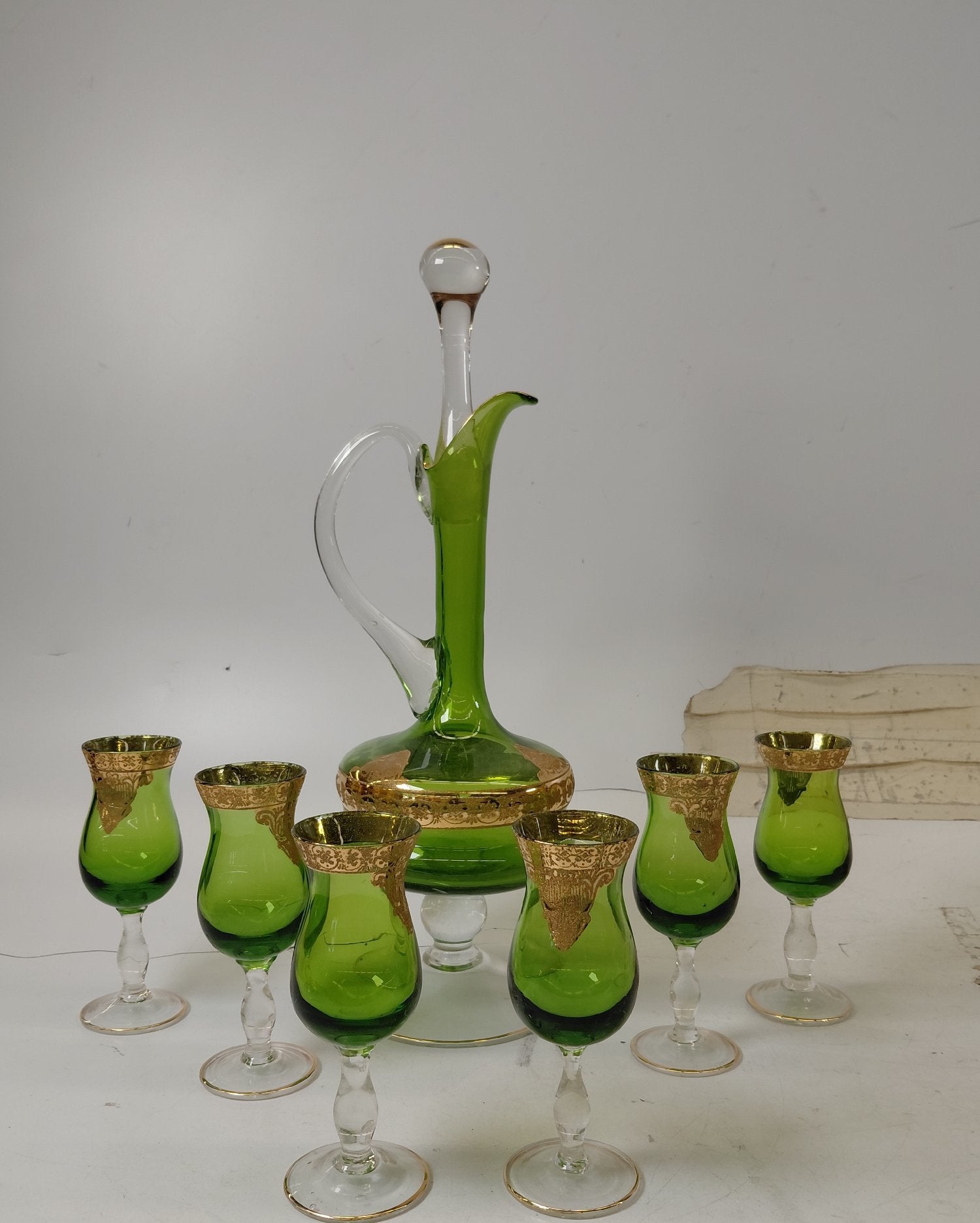 Vintage Green Glass Gold Gilded Decanter Set with 6 Stemmed Glasses