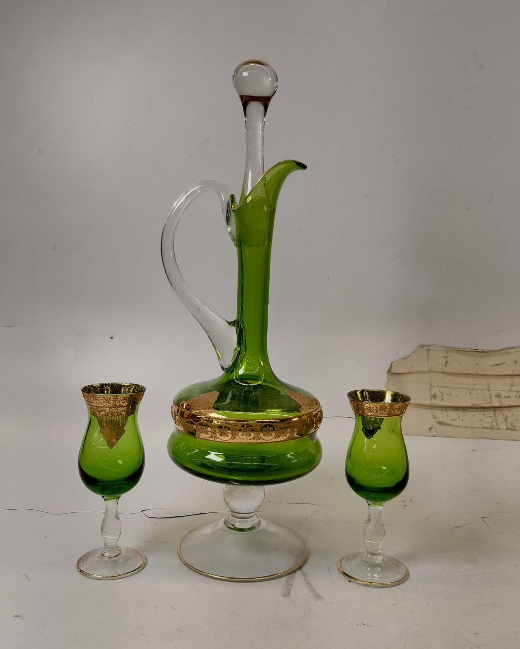 Vintage Green Glass Gold Gilded Decanter Set with 6 Stemmed Glasses