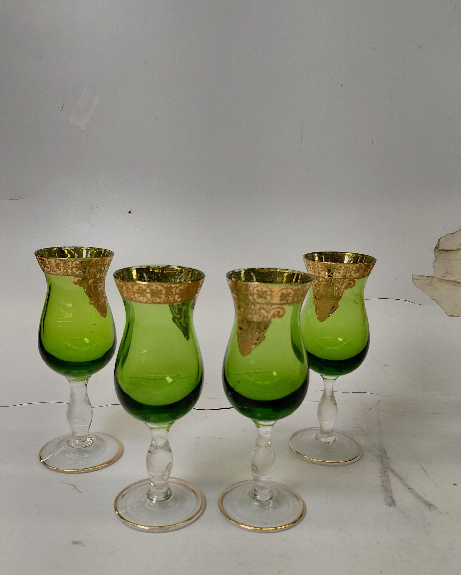 Vintage Green Glass Gold Gilded Decanter Set with 6 Stemmed Glasses