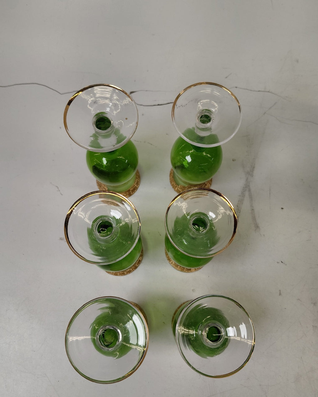 Vintage Green Glass Gold Gilded Decanter Set with 6 Stemmed Glasses