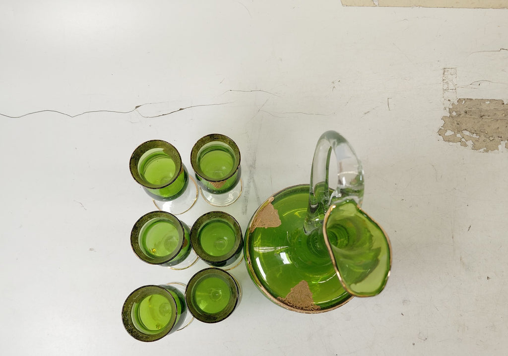 Vintage Green Glass Gold Gilded Decanter Set with 6 Stemmed Glasses