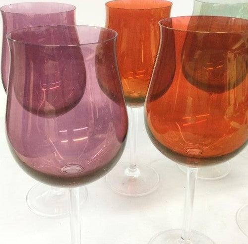 Set of 8 Multi-Color Wine Glasses Clear Stem 8.5 Inch Tall Green Orange Purple Red
