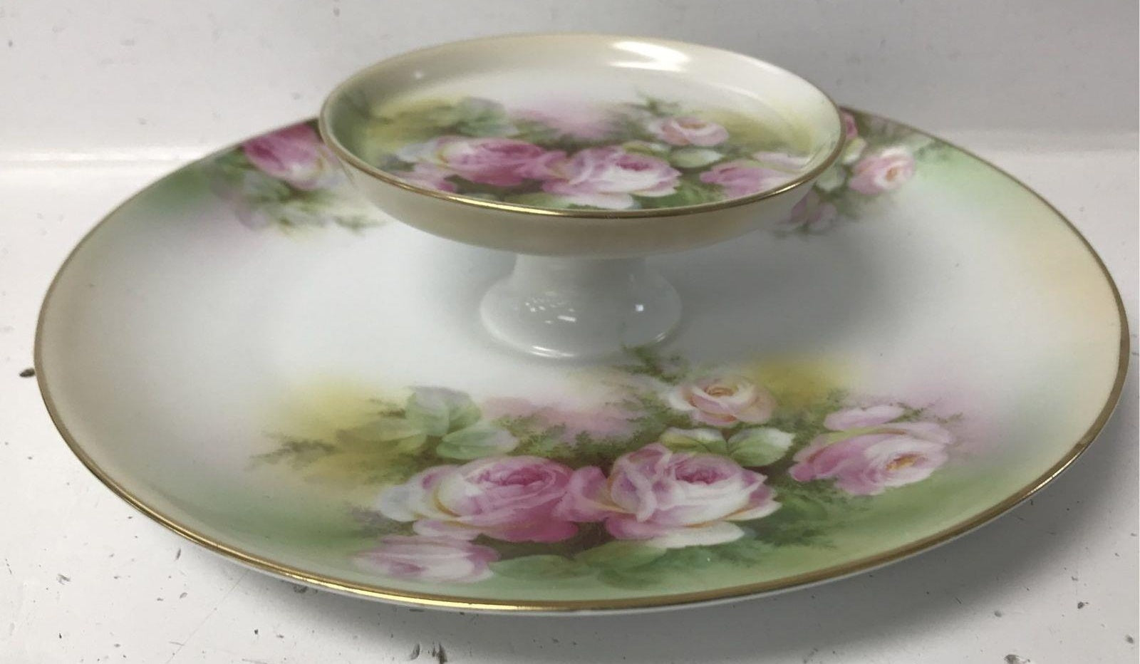 Schwarzburg Germany Pink Rose Covered Butter Dish with Green Band | Hand-Painted Floral Porcelain