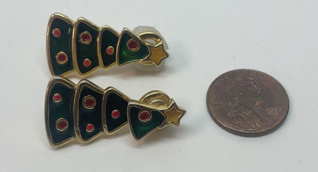 Gold Tone Green & Red Enamel Dangle Christmas Tree Earrings