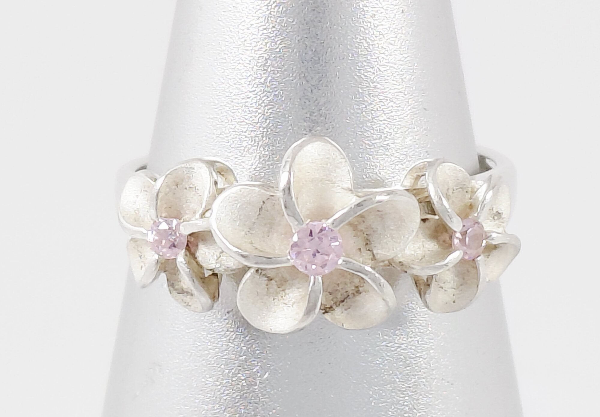 925 Sterling Silver Pink Cubic Zirconia Floral Ring Size 7.75 Flower Cluster Statement Ring