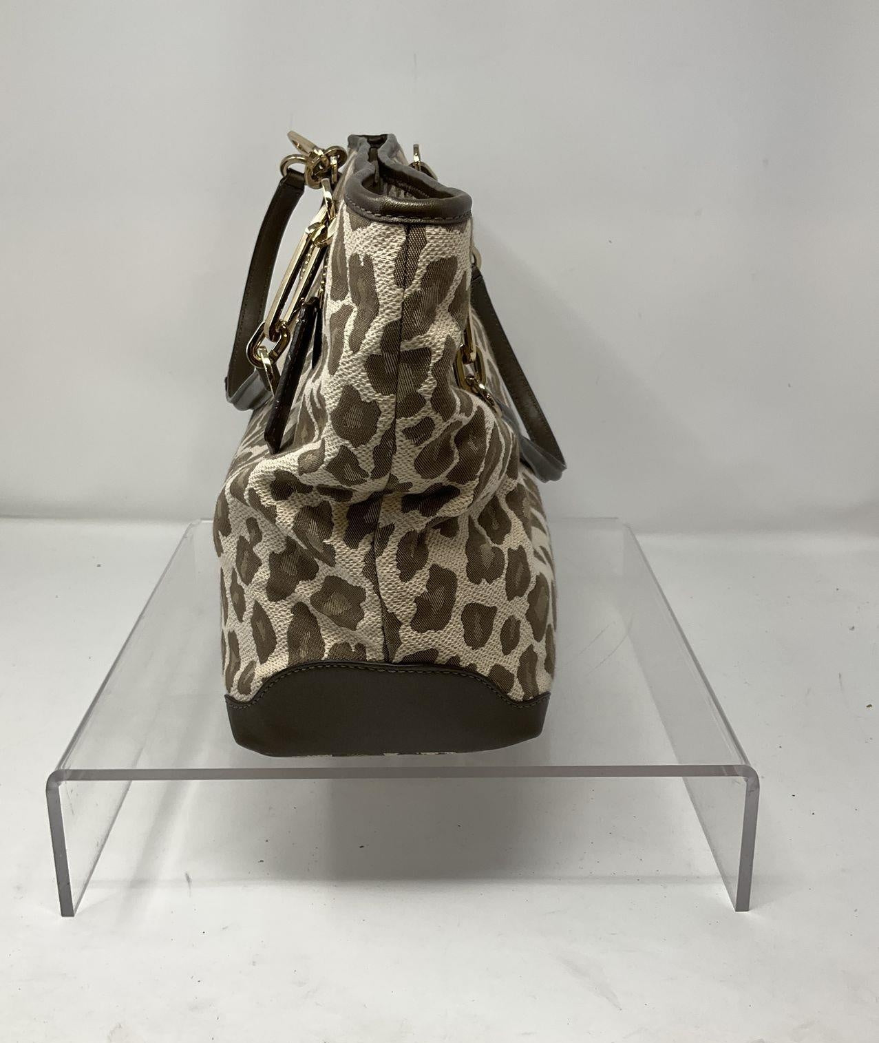 Coach Ocelot Leopard Jacquard Tote Bag Natural Brown Leather Trim Shoulder Shopper
