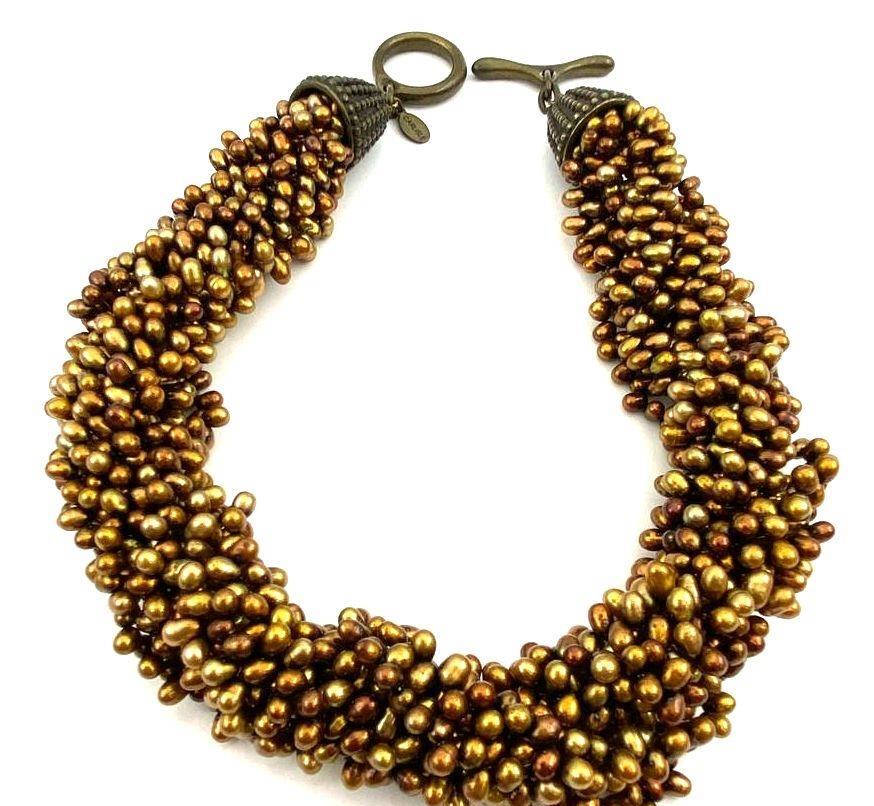 Vintage Gold Tone Faux Pearl Cluster Statement Necklace | Multi-Strand Bib Collar Necklace