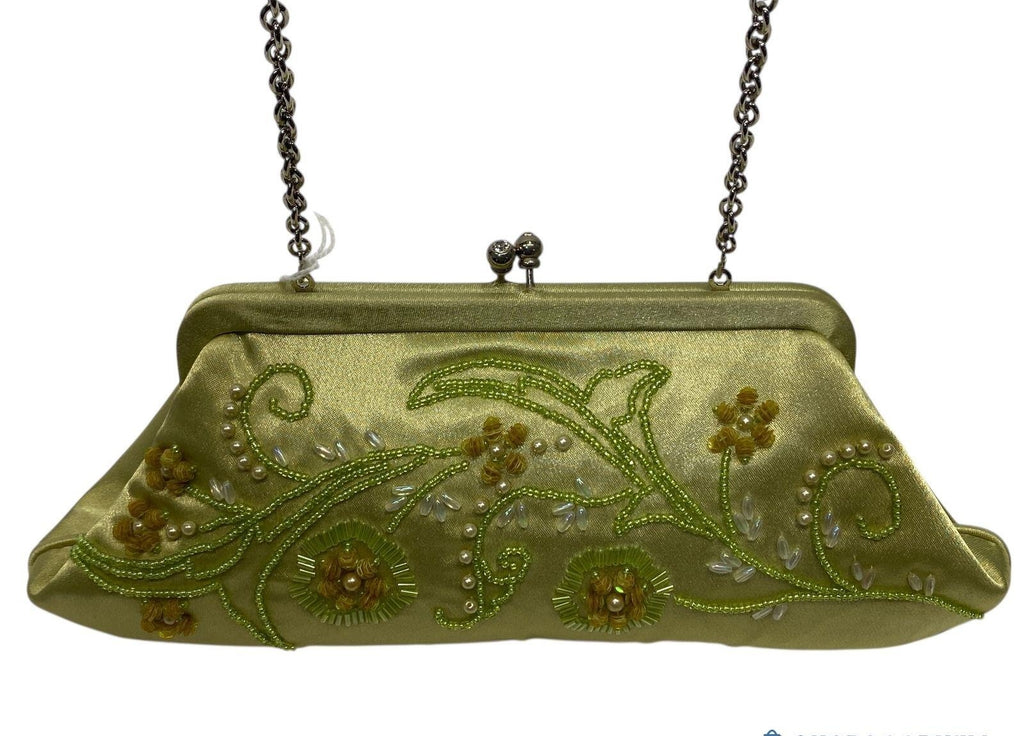 (SOLD) Mariell Green Satin Beaded Floral Design Kiss Lock Chain Strap Evening Bag