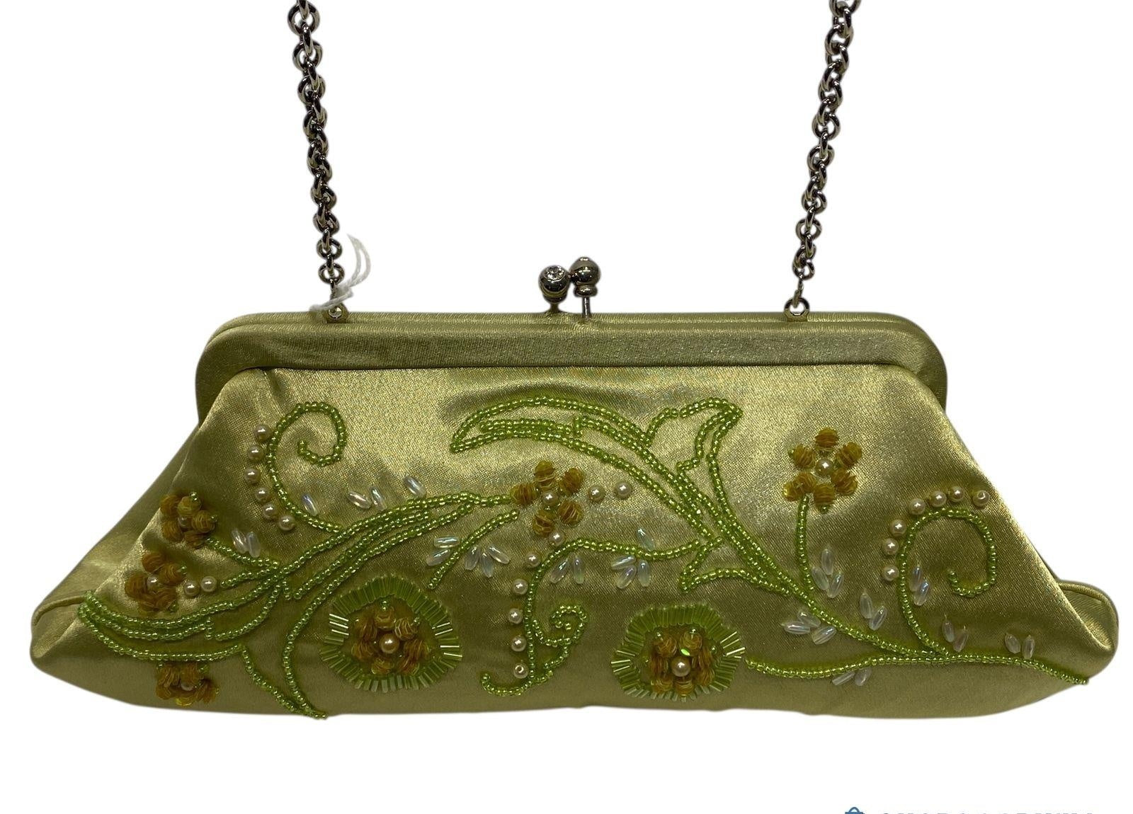 (SOLD) Mariell Green Satin Beaded Floral Design Kiss Lock Chain Strap Evening Bag