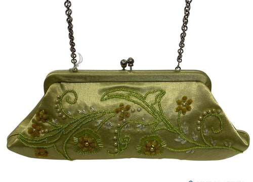(SOLD) Mariell Green Satin Beaded Floral Design Kiss Lock Chain Strap Evening Bag