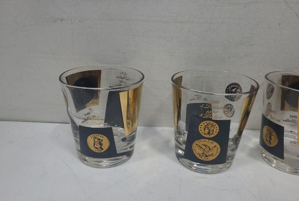 1960s Set of 6 Coin Barware Glasses with Gold & Black Designs