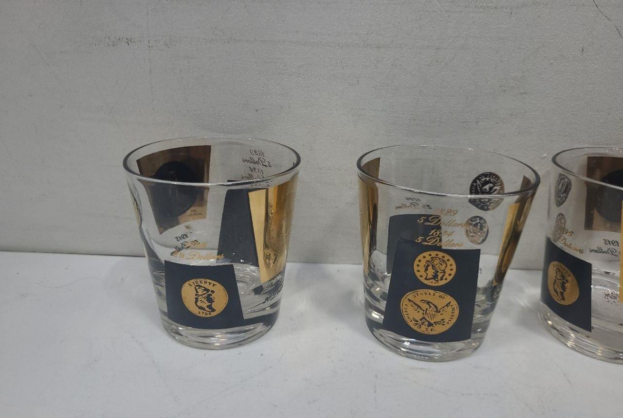 1960s Set of 6 Coin Barware Glasses with Gold & Black Designs