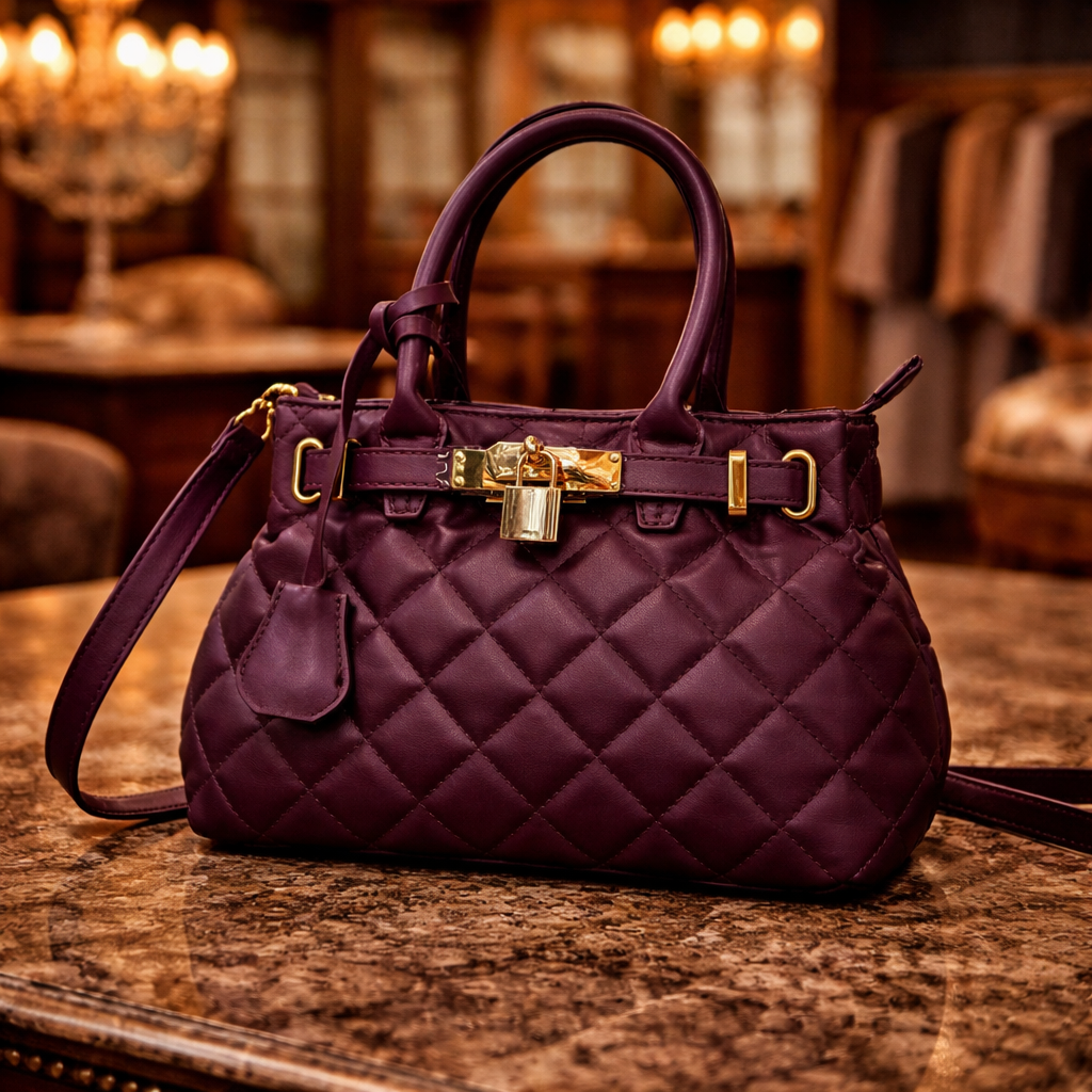 Badgley Mischka Purple Quilted Satchel Crossbody Handbag Gold Lock Accent
