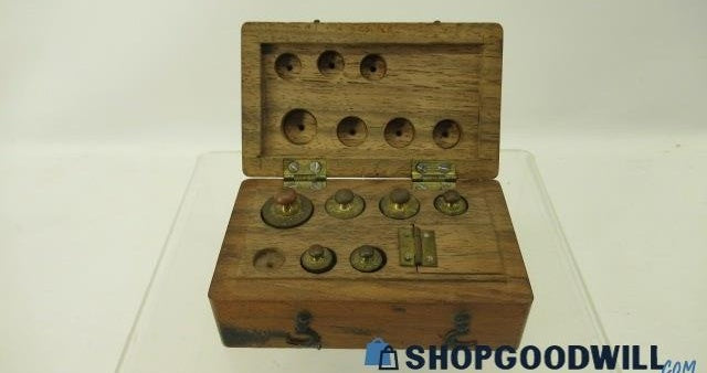 Antique Apothecary Jeweler’s Brass Balance Scale Weights with Wood Box | Partial Weight Set