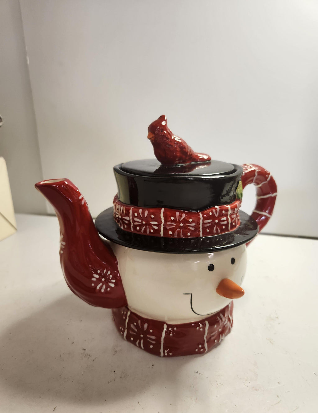 Pacific Rim Handpainted Snowman Teapot with Cardinal Lid | Christmas Winter Ceramic Tea Pot