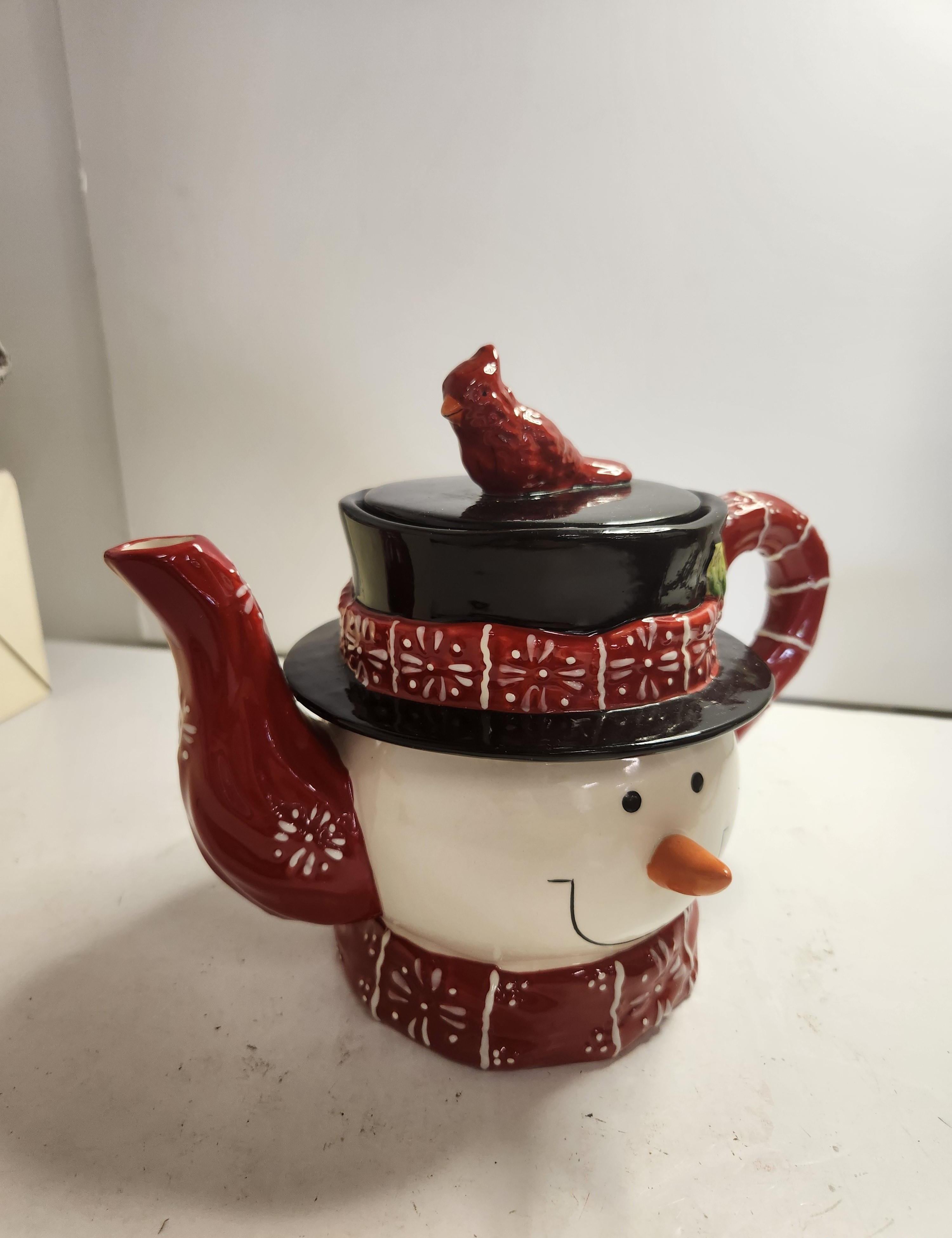 Pacific Rim Handpainted Snowman Teapot with Cardinal Lid | Christmas Winter Ceramic Tea Pot