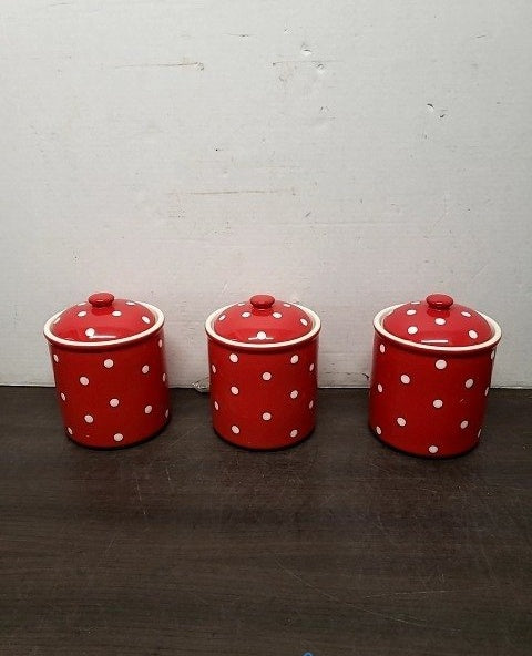 Set of 3 Spode Baking Days Red Polka Dot Ceramic Canisters with Lids