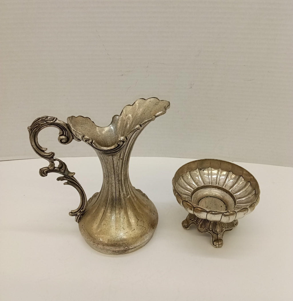 Silver-Tone Ornate Decorative Pitcher with Floral Design - Missing glass insert
