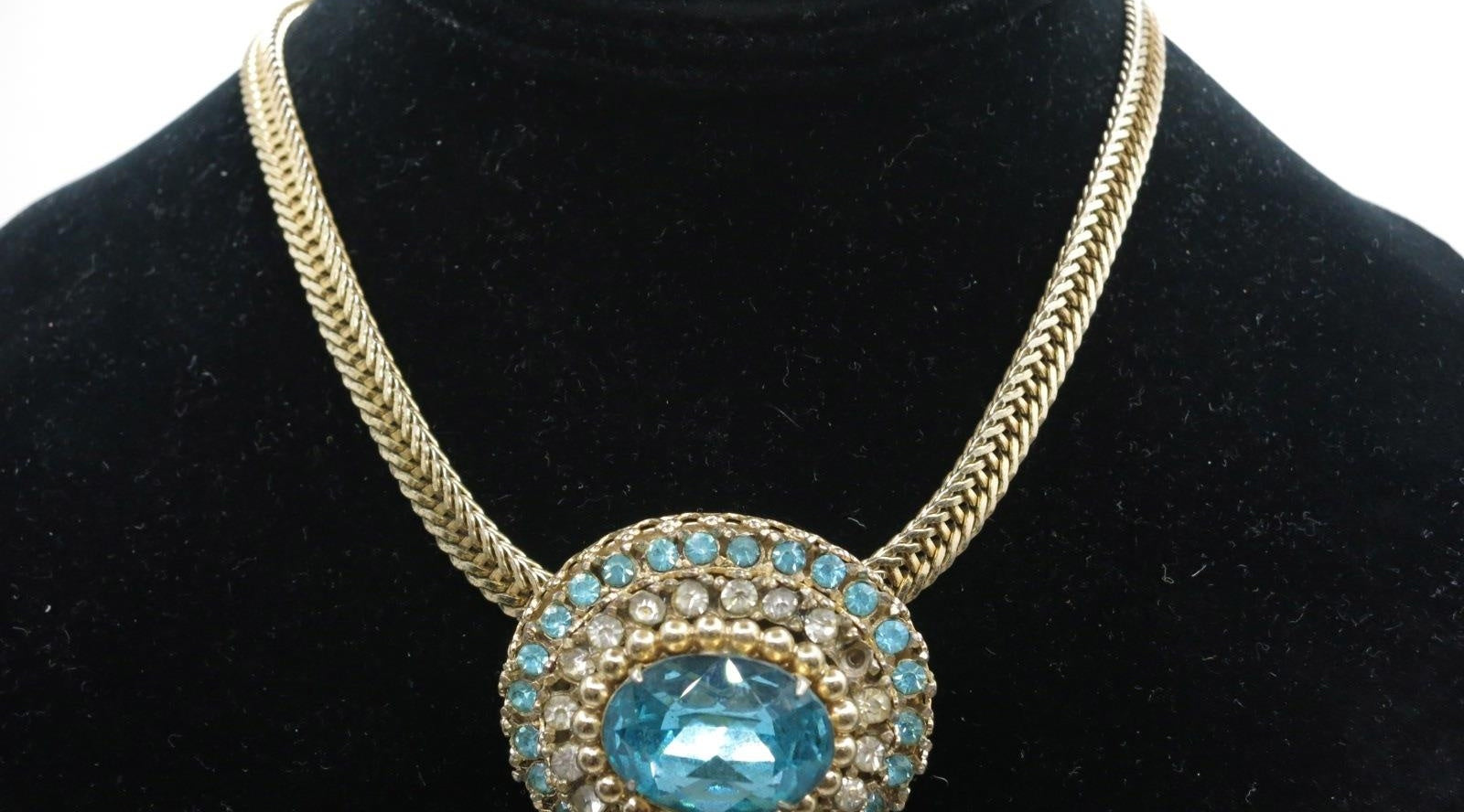 Vintage Coro Blue and White Rhinestone Choker Necklace | 13" Gold Tone Signed Necklace (MISSING STONES)