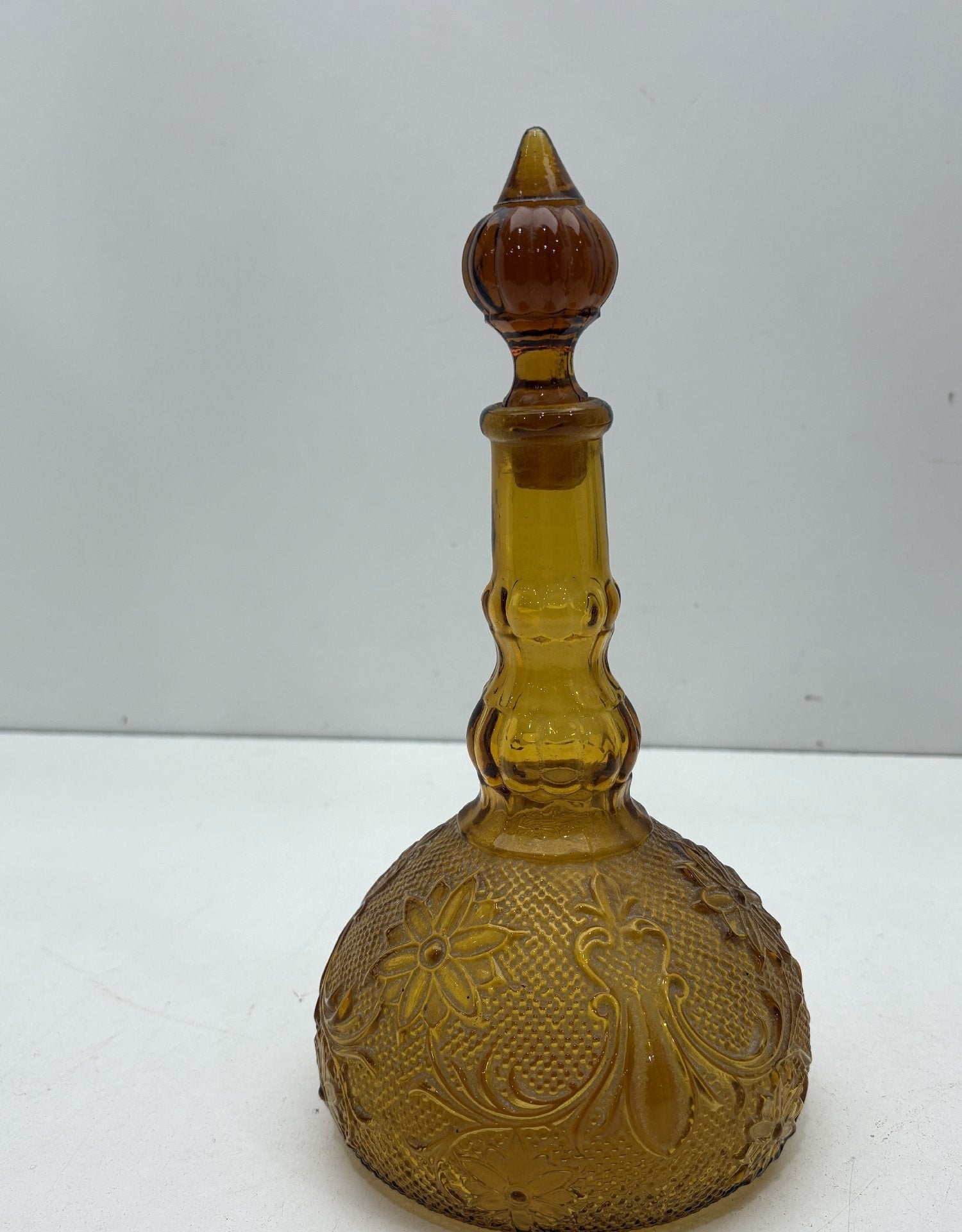 Vintage Amber Glass Genie Bottle Decanter with Stopper Embossed Floral Whiskey Bottle