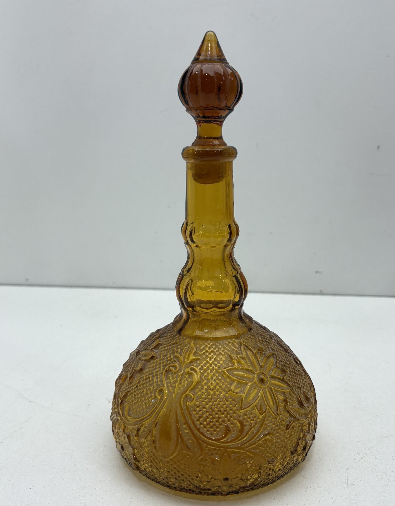 Vintage Amber Glass Genie Bottle Decanter with Stopper Embossed Floral Whiskey Bottle
