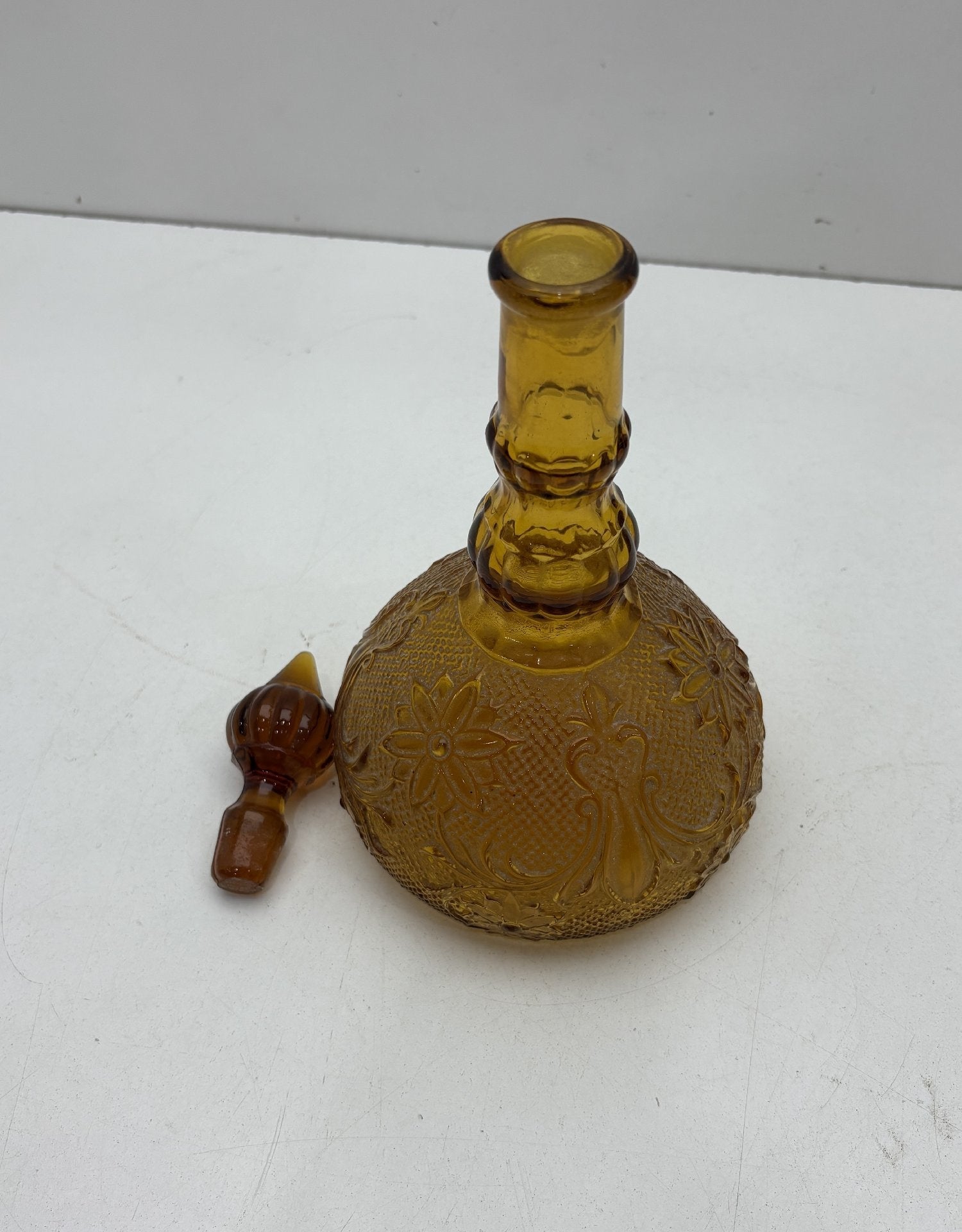 Vintage Amber Glass Genie Bottle Decanter with Stopper Embossed Floral Whiskey Bottle