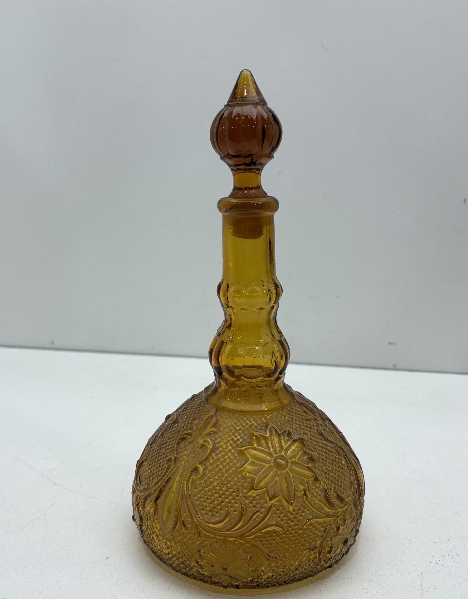 Vintage Amber Glass Genie Bottle Decanter with Stopper Embossed Floral Whiskey Bottle