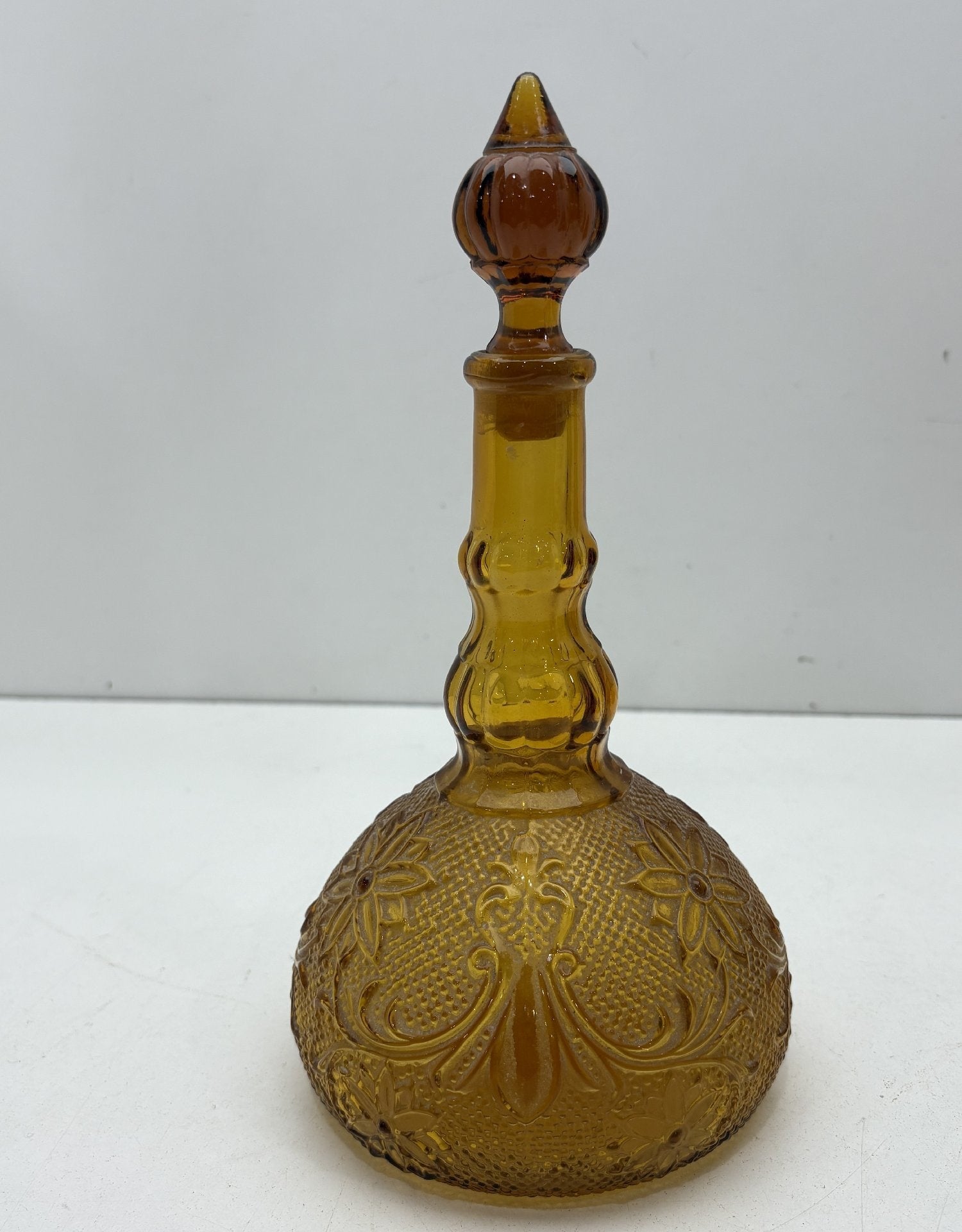 Vintage Amber Glass Genie Bottle Decanter with Stopper Embossed Floral Whiskey Bottle