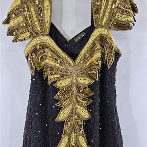 Anjuman Vintage Black Silk Beaded Evening Dress, 1980s/90s Gold Embellished Formal Gown
