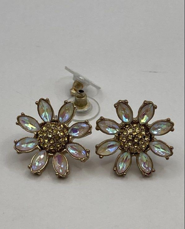 Betsey Johnson Gold-Tone Iridescent Crystal Petals & Yellow Rhinestone Center Daisy Earrings