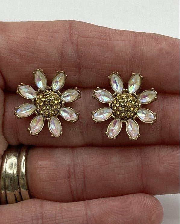 Betsey Johnson Gold-Tone Iridescent Crystal Petals & Yellow Rhinestone Center Daisy Earrings
