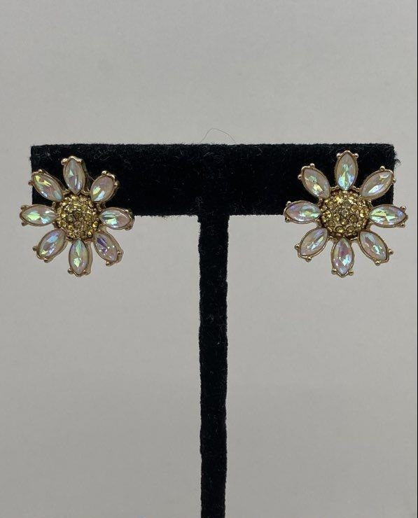 Betsey Johnson Gold-Tone Iridescent Crystal Petals & Yellow Rhinestone Center Daisy Earrings