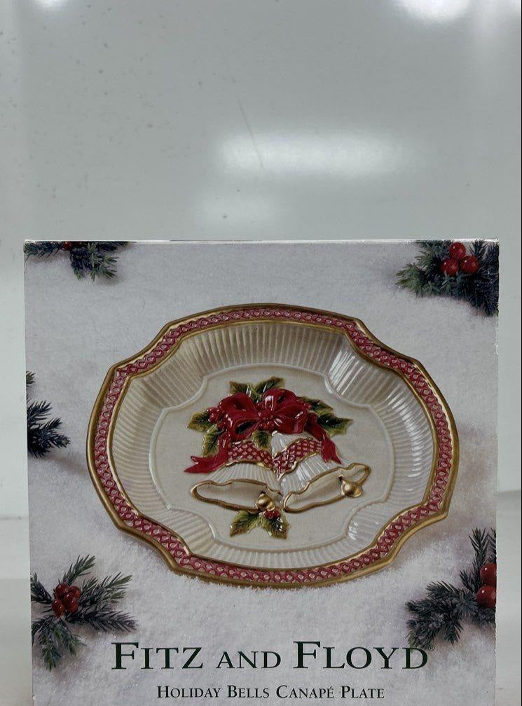 (SOLD) Fitz & Floyd Holiday Bells Canapé Plate Christmas Appetizer Dish in Original Box