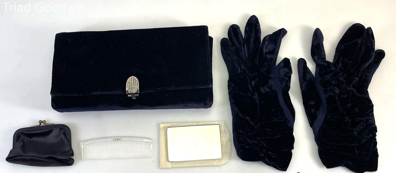 Garay Blue Rayon Velvet Handbag Set with Matching Gloves, Coin Purse and Mirror