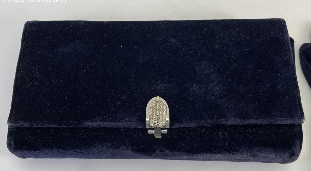 Garay Blue Rayon Velvet Handbag Set with Matching Gloves, Coin Purse and Mirror