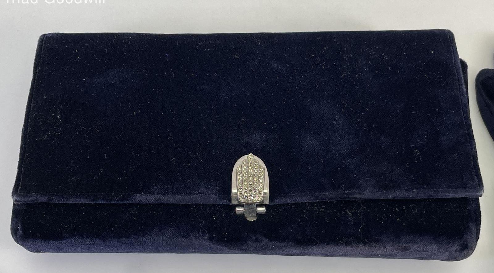 Garay Blue Rayon Velvet Handbag Set with Matching Gloves, Coin Purse and Mirror
