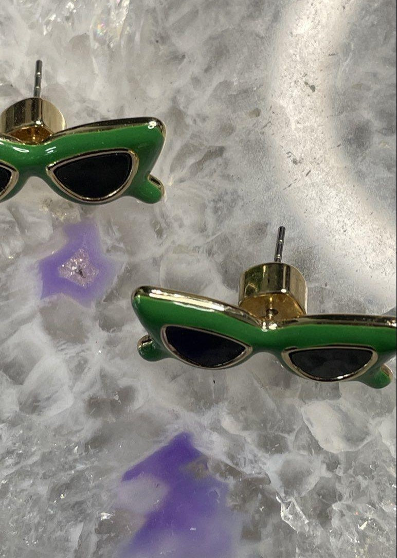 Green Enamel Cat-Eye Sunglasses Stud Earrings Gold Tone Novelty Retro Style