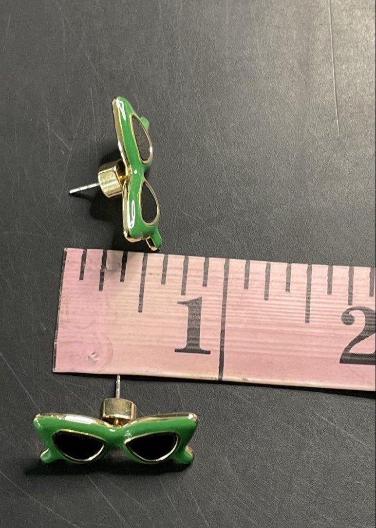 Green Enamel Cat-Eye Sunglasses Stud Earrings Gold Tone Novelty Retro Style