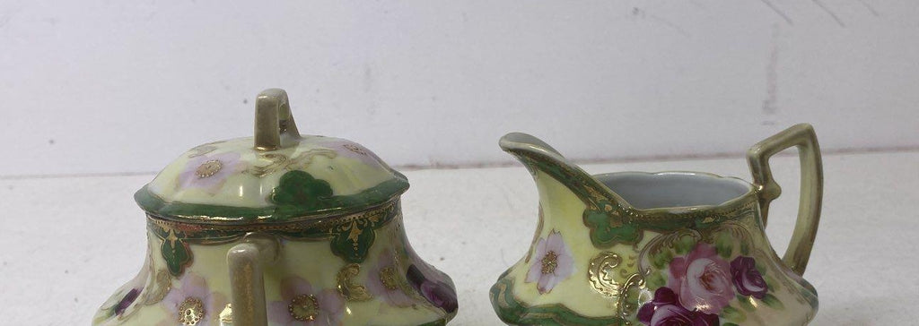 Hand Painted Floral Design Footed Green Pink Porcelain Sugar Bowl & Creamer