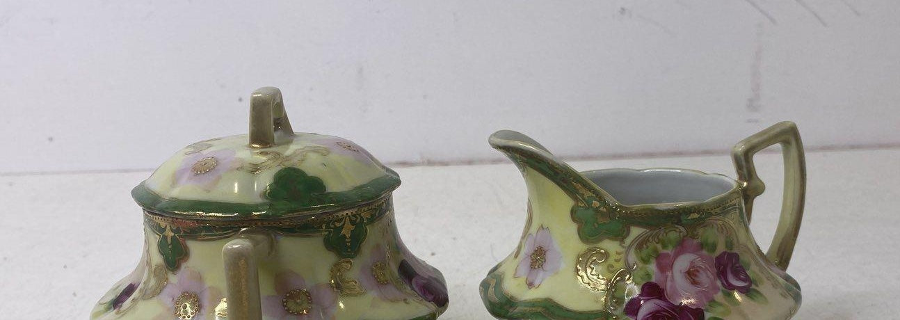 Hand Painted Floral Design Footed Green Pink Porcelain Sugar Bowl & Creamer