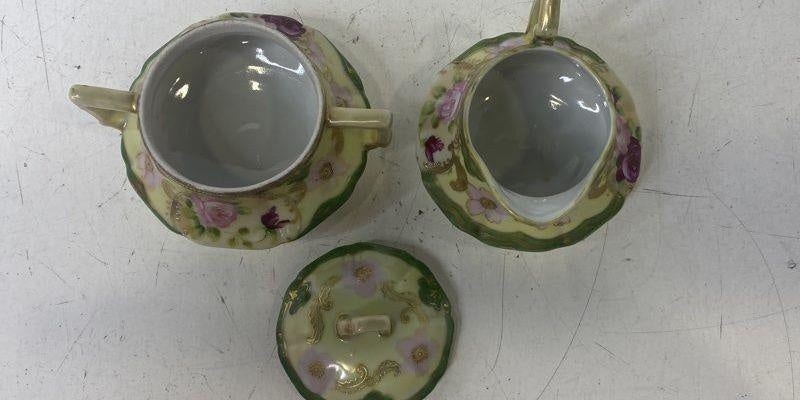 Hand Painted Floral Design Footed Green Pink Porcelain Sugar Bowl & Creamer