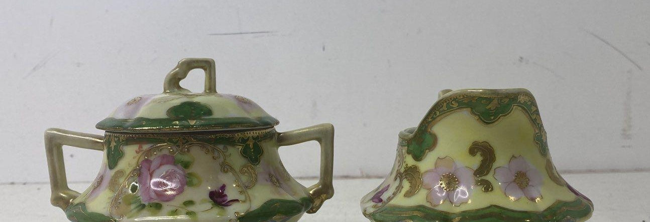 Hand Painted Floral Design Footed Green Pink Porcelain Sugar Bowl & Creamer