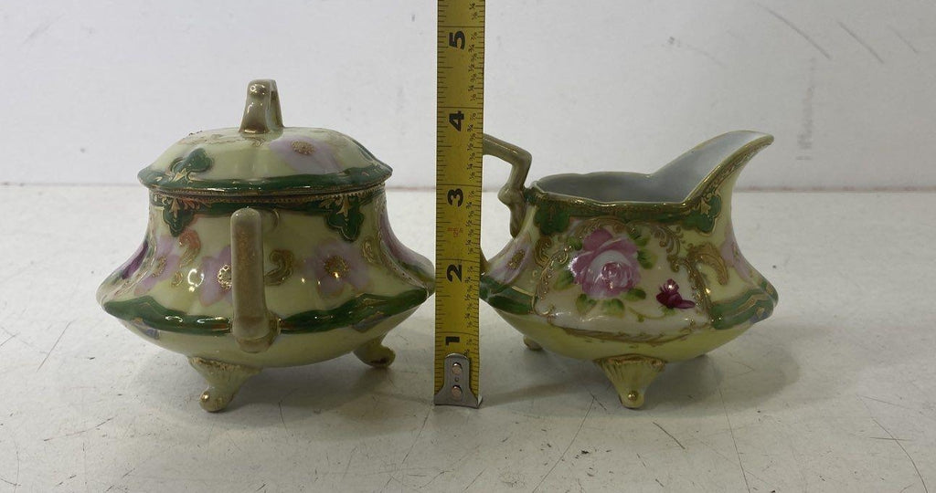 Hand Painted Floral Design Footed Green Pink Porcelain Sugar Bowl & Creamer