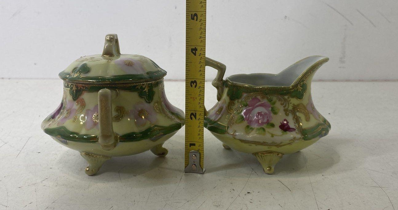 Hand Painted Floral Design Footed Green Pink Porcelain Sugar Bowl & Creamer